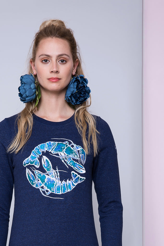 Blue Lobster Embroidered Sweatshirt Dress - SAMPLE